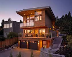 Amazing Wooden House With Modern Exterior Also Charming Underground Parking Garage Design With Brown Garage Door Balcony Design House Exterior Exterior Stairs