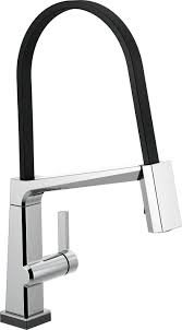 The dimensions of the faucet are 10.34 x 5 x 10.34 inches. Delta 9693t Dst Chrome Pivotal Pull Down Kitchen Faucet With Exposed Hose On Off Touch Activation Magnetic Docking Spray Head Limited Lifetime Warranty 5 Year On Electronic Parts Faucetdirect Com