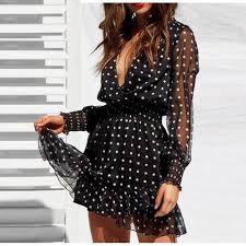 Black And White Polka Dot Long Sleeve Dress Vintage V Neck Long Sleeves White Polka Dot Black Dress Vestidos Vestido De Festa Convidada Curto Moda Feminina