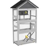 Pawhut Wooden Bird Aviary, 67" Outdoor Bird Cage With Slide Out Tray, Three  Doors, Birdhouse, Ladder, Perches For Finches, Parakeets, Gray Gray Wood