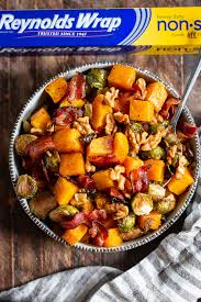 This Maple Roasted Butternut Squash With Brussels Sprouts And Bacon Is A Delicious And Healthy Side Butternut Squash Bacon Sprouts With Bacon Roasted Butternut