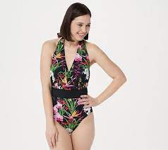 G I L I Halter Neck One Piece Swimsuit Qvc Com One Piece Swimsuit Black One Piece One Piece Swimsuit