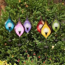 Color changing solar garden stakes with 6 lily flowers,1 butterfly & 1 dragonfly. Iron Raindrop Solar Garden Stakes In Six Assorted Colors