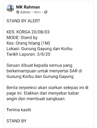Bagi yg tahu keberadaannya tolong hubungi kaum cebong bin togok. Hiking Malaysia On Twitter Mode Standby 3 Ogos 2020 Mendapat Perkhabaran Terdapat Orang Hilang Umur 68 Tahun Berbangsa Cina Gunung Korbu Adalah Gunung Ke 2 Dan Gunung Gayong Ke 4 Tertinggi Semenanjung Malaysia