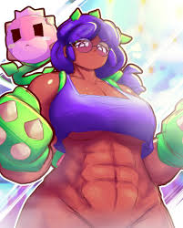 dierelc, rosa (brawl stars), brawl stars, absurdres, highres, 1girl, abs,  angry, boxing gloves, breasts, dark-skinned female, dark skin, female  focus, functionally nude, glasses, half-closed eyes, large breasts, looking  at viewer, muscular, muscular