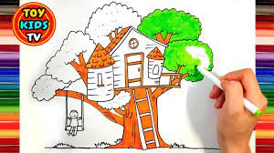 Add a center window and lamps by the door. How To Draw A Tree House For Kids Hot Dog Drawing Painting With Colo House Drawing For Kids Tree House Drawing Hot Dog Drawing