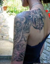 Black And Grey Flower Half Sleeve Tattoos Black Amp Grey Half Sleeve And Shoulder Tattoo With Lion Buddhist Star Sleeve Tattoo Sleeve Tattoos For Women Girl Half Sleeve Tattoos