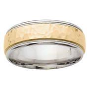 14 Karat White 7 5 Mm Hammered Gent S Wedding Band With Comfort Feel Ricochet By Cam Hammered Wedding Bands Wedding Band Engraving Wedding Rings For Women