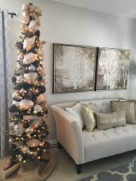 Pencil Christmas Tree Burlap Gold Mesh And Silver Ribbons With Rustic Ornaments And Burl Skinny Christmas Tree Pencil Christmas Tree Ribbon On Christmas Tree