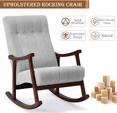 Dining benches with backrest upholstered rocking chairs. Buy Avawing Upholstered Rocking Chair With Fabric Padded Seat Comfortable Rocker Solid Wood For Living Room Modern High Back Armchair Adult Single Sofa Old Man Chair Grey Online In Indonesia B08pv7dqj1