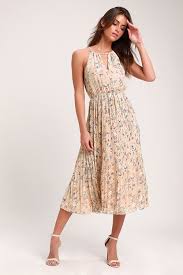 Beat Of The Music Beige Floral Print Pleated Midi Dress Midi Dress Sleeveless Pleated Midi Dress Floral Print Midi Dress