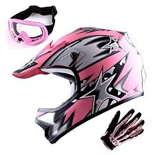 Wow Youth Motocross Helmet Bmx Mx Atv Dirt Bike Helmet Matt Star Pink Goggles Skeleton Pink Glove Bundle