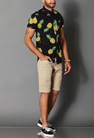Black And White Shorts Outfit Men Men S Black Print Short Sleeve Shirt Beige Shorts Black And White Canvas Low Top Sneakers Orange Leather Watch Mens Summer Outfits Mens Outfits Mens Fashion Summer