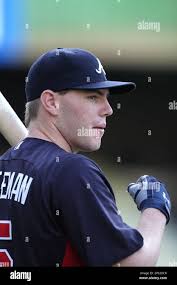 Freddy Freeman #5 of the Atlanta Braves before game against the Los Angeles  Dodgers at Dodger Stadium in Los Angeles,California