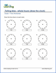 Grade 1 Telling Time Worksheet On Whole Hours Draw The Clock Time Worksheets Telling Time Worksheets 1st Grade Math Worksheets