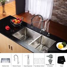 Maybe you would like to learn more about one of these? Kraus Khu103 33 Kpf1612 Ksd30ch Stainless Steel Chrome Kitchen Combo 32 3 4 Undermount 60 40 Double Bowl 16 Gauge Stainless Steel Kitchen Sink With Pre Rinse Kitchen Faucet And Soap Dispenser Faucet Com