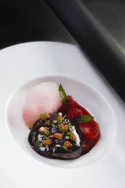 Duck Foie Gras From Les Landes Roasted With Sarawak Pepper Steamed Rhubarb Strawberries From The Garden With Elder Bistro Food Food Plating Food Inspiration