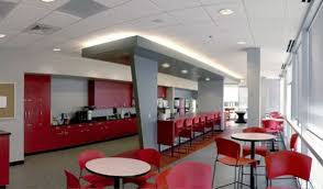 This Large Breakroom Features Plenty Of Seating And Bright Colors Break Room Office Break Room Break Room Design