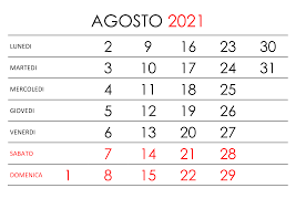 La prima cosa da segnalare è la sospensione feriale del fisco, che interessa il periodo compreso tra il 1° e il 20 agosto. Calendario Agosto 2021 Calendario Su