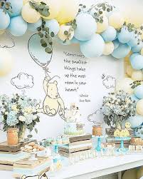 Winnie The Pooh Baby Shower Themes Cake Honey Pots Cupcakes Donuts Flowers Yellow Blue Balloon In 2020 Unique Baby Shower Themes Boy Baby Shower Themes Baby Boy Shower