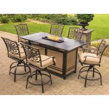 Yardbird's fire pit tables are rust free aluminum, adjustable 55,000 btu (high heat), heavy duty commercial grade aluminum, waterproof, matching burner cover, electronic ignition system, ul listed, 800 hour fade resistant powder coating, clear rounded glass fire drops, propane ready. Hanover Traditions 7 Piece Aluminum Rectangular Outdoor High Dining Set With Fire Pit With Natural Oat Cushions Trad7pcfpbr The Home Depot