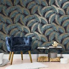 Vivienne Leaf Wallpaper Navy Gold Feature Wallpaper Living Room Feature Wall Living Room Wallpaper Living Room