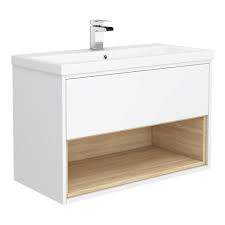 Haywood 800mm Gloss White Natural Oak Wall Hung Vanity Unit With Open Shelf Ceramic Basin Victorian Plumbing Uk Wall Hung Vanity Vanity Units Open Shelving