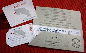 Red Blue Gray Costa Rica Map Dotted Plane Airline Ticket Wedding Ticket Wedding Invitations Boarding Pass Wedding Invitation Airplane Wedding Invitations