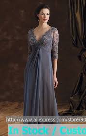 A Line Steel Blue Chiffon Lace Evening Dress 3 4 Sleeve V Neck Full Length Bridal Prom Mother Of The Bride Dresses Long Mother Of Groom Dresses Mothers Dresses