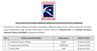 Job postings melibatkan lokasi seluruh malaysia. Jawatan Kosong Di Lembaga Kemajuan Kelantan Selatan Kesedar