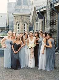Mix And Match Bridesmaids In Long Gowns Shades Of Blue Bridesmaid Colors Bridesmaid Grey Bridesmaids
