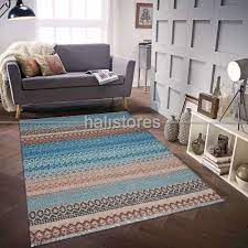 Cift Tarafli Baskili Yikanabilir Mavi Kahve Kilim Halistores Com Mavi Kahve Ev Dekoru Kilim