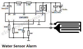 This simple water level sensor circuit monitors the presence of water in a certain location or container. Water Sensor Alarm Circuit