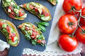 Sweet Potato Bruschetta With Avocado Tomato Topping Recipe Vegan Bruschetta Recipe Vegan Recipes Avocado Tomato