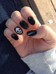 Oval Black Acrylic Nails Skull Design For Halloween Skull Nails Black Acrylic Nails Halloween Nail Designs