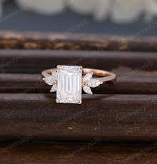 Emerald Cut Moissanite Engagement Ring Unique Vintage Rose Gold Engagement  Ring Cluster Marquise Engagement Ring Bridal Wedding Ring Women