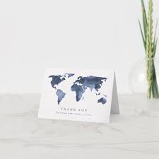 Blue Watercolor On White World Map Thank You Zazzle Com In 2020 Wedding Thank You Cards Blue Watercolor Custom Thank You Cards