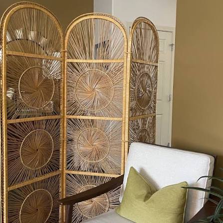 Vintage 1970s Rattan Room Divider with Sunburst Pattern and Rounded Top — Wall Star Graphics | Modern Artifact Decor