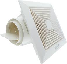 An exhaust fan is inset in the ceiling, and there is a hole / pipe behind the fan, to the outside, to exit room air. Omni Exhaust Fans