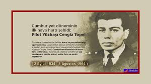 1964'te türk hava kuvvetleri'nin kıbrıs'ta gerçekleştirdiği uyarı uçuşunda, uçağı rum uçaksavarlar tarafından vurulunca. Sehit Pilot Yuzbasi Cengiz Topel Turk Tarihi Arastirmalari