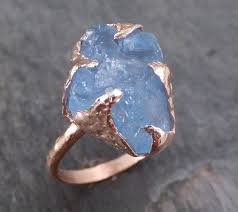 Raw Uncut Aquamarine Ring Solid 14k Rose Gold Ring Wedding Engagement Rough Gemstone Ring Statement Ring Stacking Ring Rough Gemstone Ring Diamond Jewelry Set Rough Gemstone