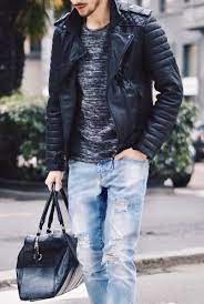 Men S 2018 Fall And Winter Fashion Trend Black Leather Jacket With Blue Ripped Jeans Grey Shirt And Mens Fashion Jeans Gentlemen Wear Light Blue Ripped Jeans