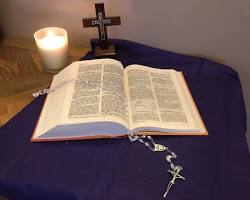 catholic prayer and liturgy altar candle cross bible, AI generated