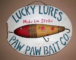 Vintage Early 1900s Lucky Lures Paw Paw Bait Co Wood Sign
