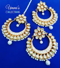 Golden Kundan Pearl Beads Large Earrings Maang Tikka Set Jewelry Jewelry Design Earrings Jewel Wedding Wedding Jewelry