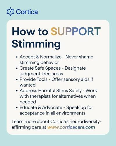 Stimming is NOT "bad behavior." It's self-regulation. Hand flapping,  rocking, humming, and pacing are some repetitive behaviors that aren't  something to "fix." They're how autistic individuals regulate their nervous  system, process sensory