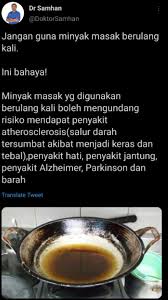 Fahami jenis minyak yang sebenarnya merosakkan kesihatan dan minyak masak yang baik untuk kesihatan. Jangan Guna Minyak Masak Berulang Kali Rupanya Boleh Undang Risiko Salur Darah Tersumbat Viral Meletop