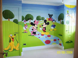 The miceky decor in this kid's bedroom is simple and yet fun and lively consisting of miceky mouse stuffed toys and miceky mouse artworks on the wall. Bedroom Mickey Mouse Cartoon Wall Painting Designs Novocom Top