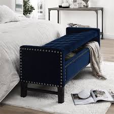 Luxurious handmade royal blue velvet curved stool solid mango wood bedroom hallway bench. Posh Living Genesis Tufted Velvet Storage Bench With Nailhead Trim In Navy Blue Sb09 02ny Cx
