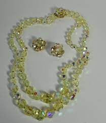 1950s Yellow Faceted Ab Rock Crystal 2 Strands Necklace And Earrings Set Vintage Jewelry Sets Rock Crystal Crystals